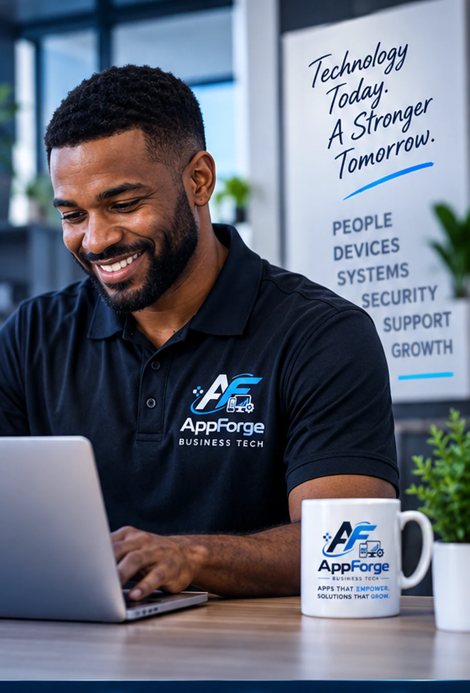 Professional wearing AppForge Business Tech polo working at a laptop